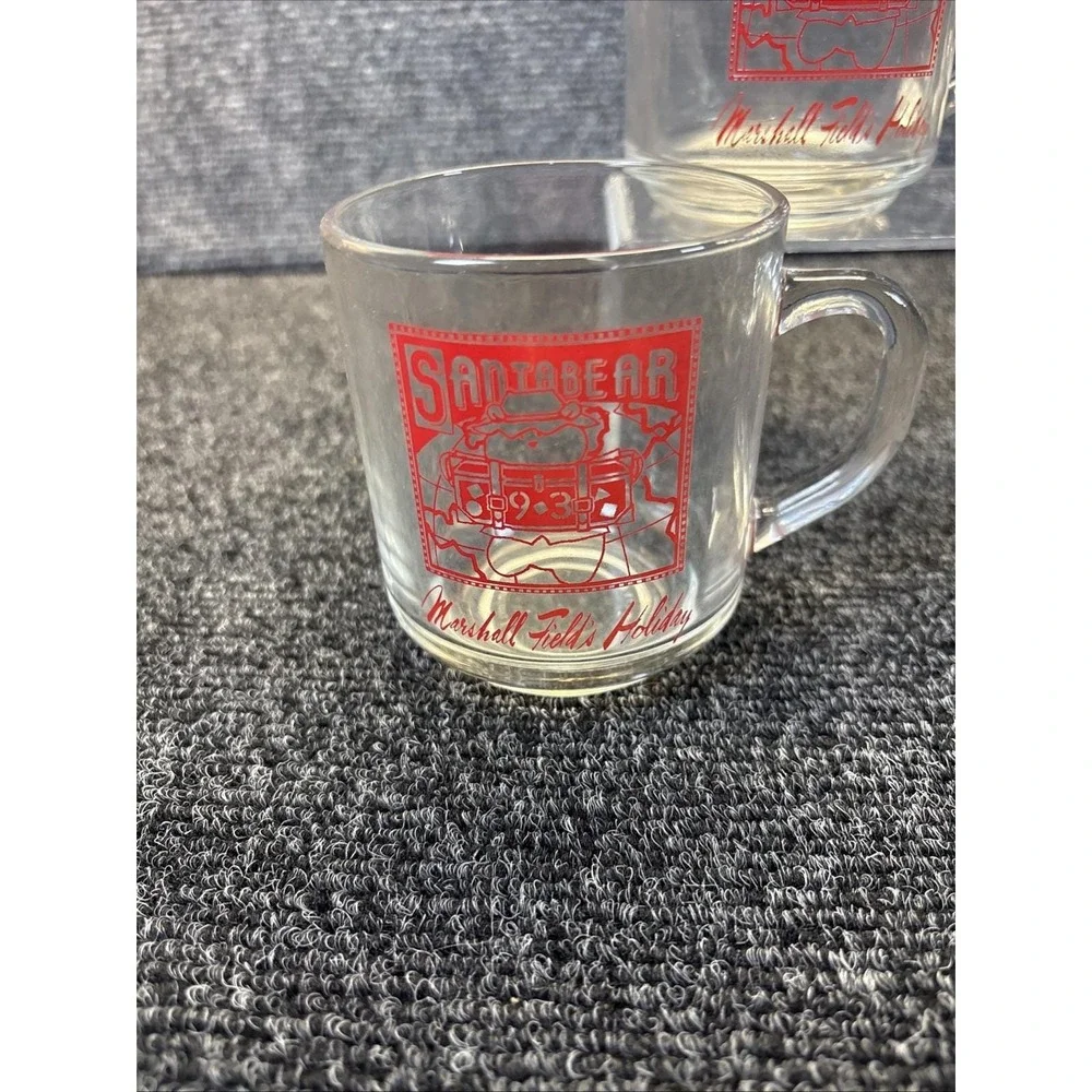 4~Vtg~1993 Marshall Field~Luminarc Glass Christmas Mug Cup~Santa Bear